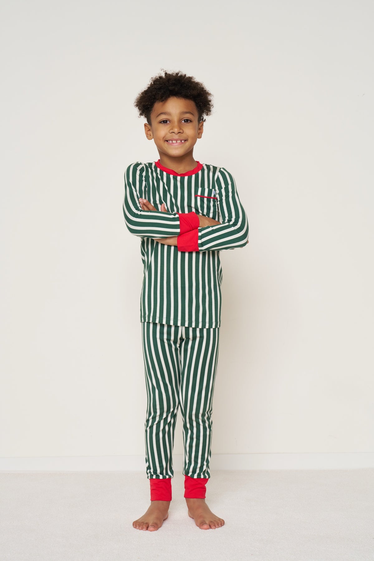 Kids' Fitted Pullover Set Christmas - Winter Green Striped TENCEL Modal