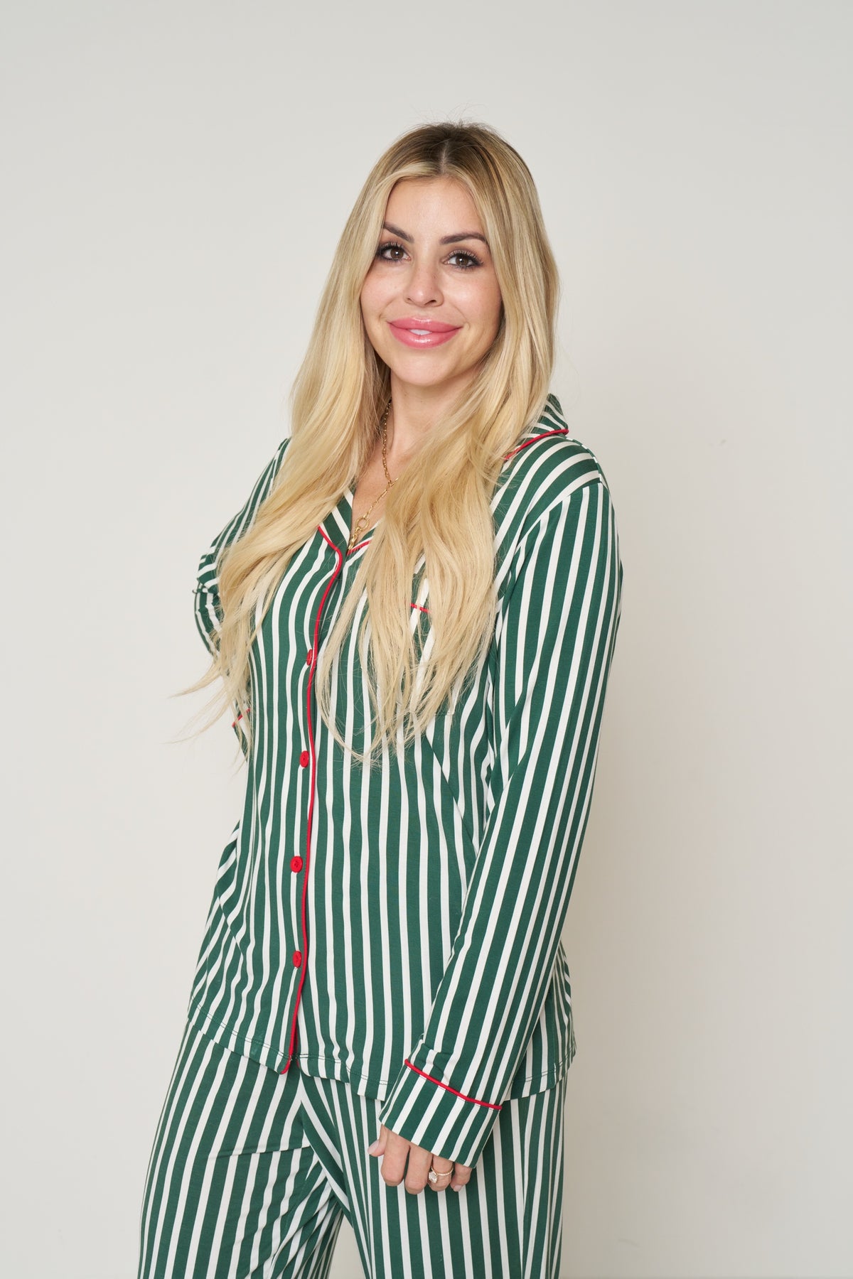 Women's Button-Up Set Christmas - Winter Green Striped TENCEL Modal