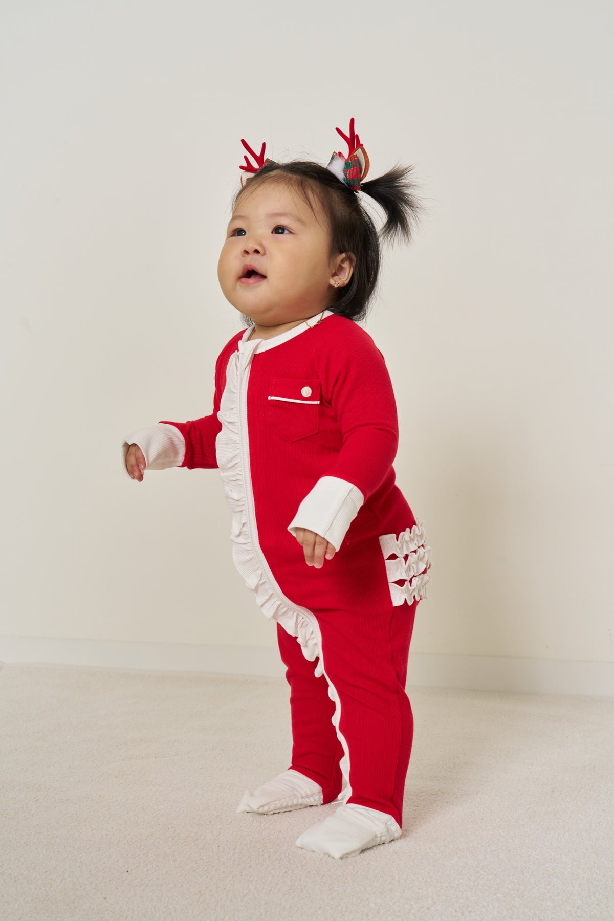 Zipper Romper with Ruffles Christmas - Candy Cane Ribbed Bamboo