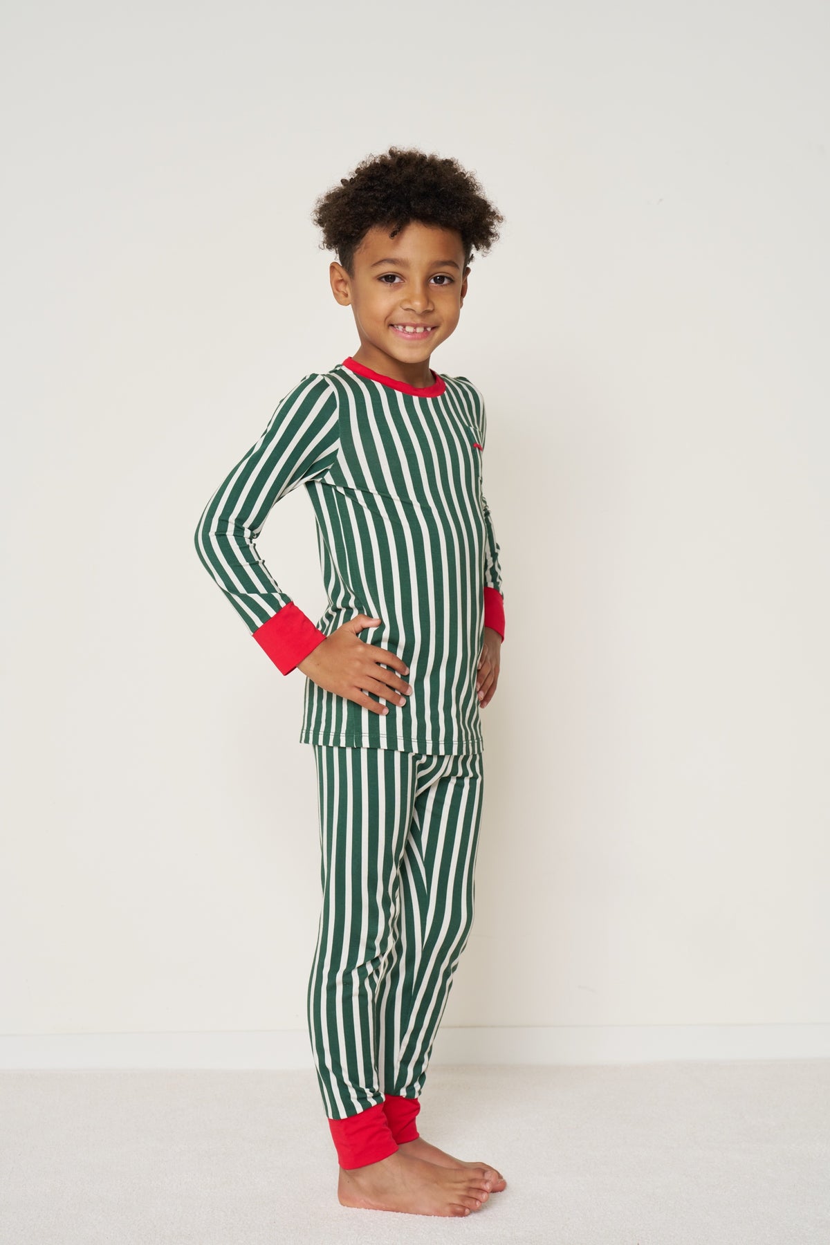 Kids' Fitted Pullover Set Christmas - Winter Green Striped TENCEL Modal