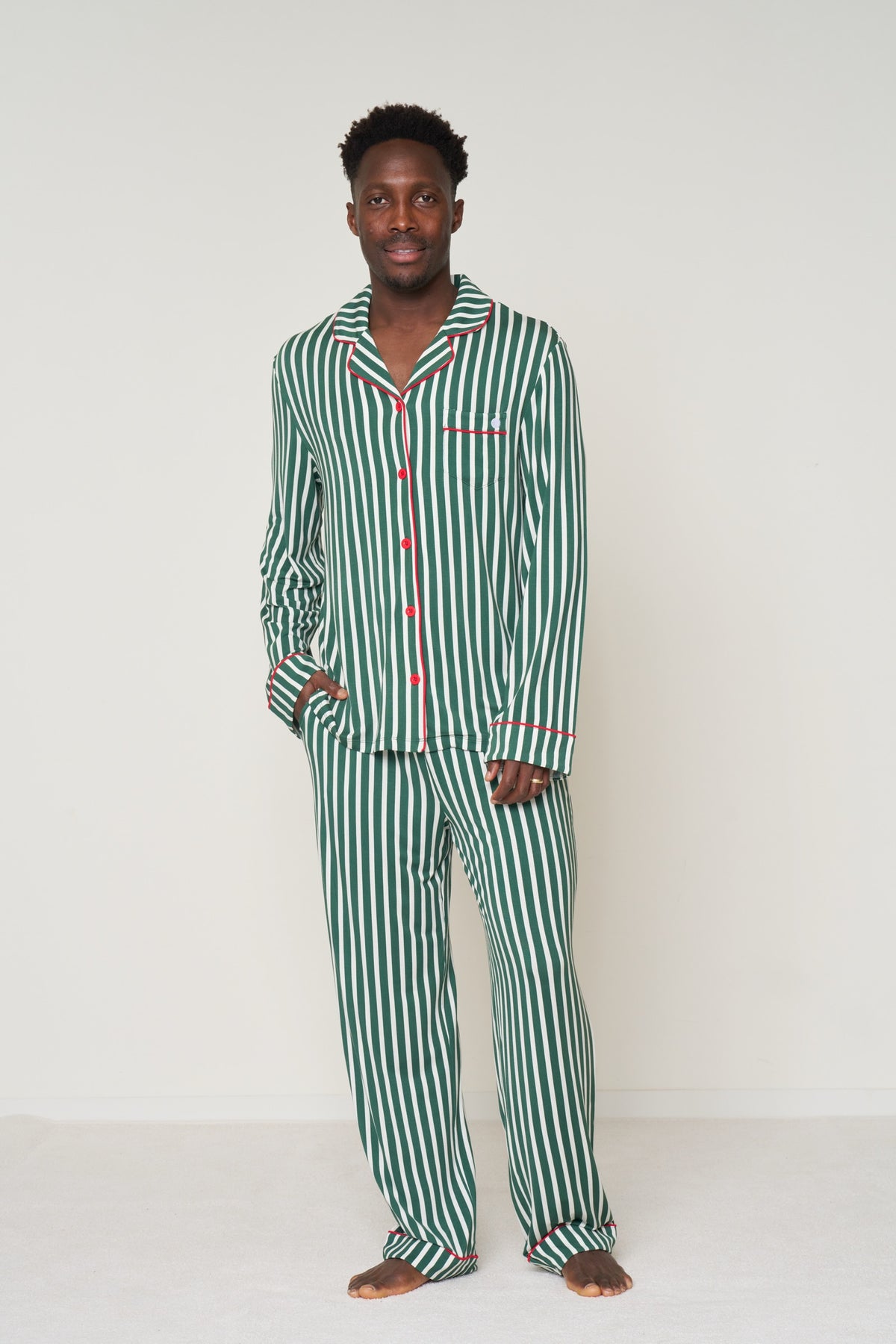 Men's Button-Up Set Christmas - Winter Green Striped TENCEL Modal