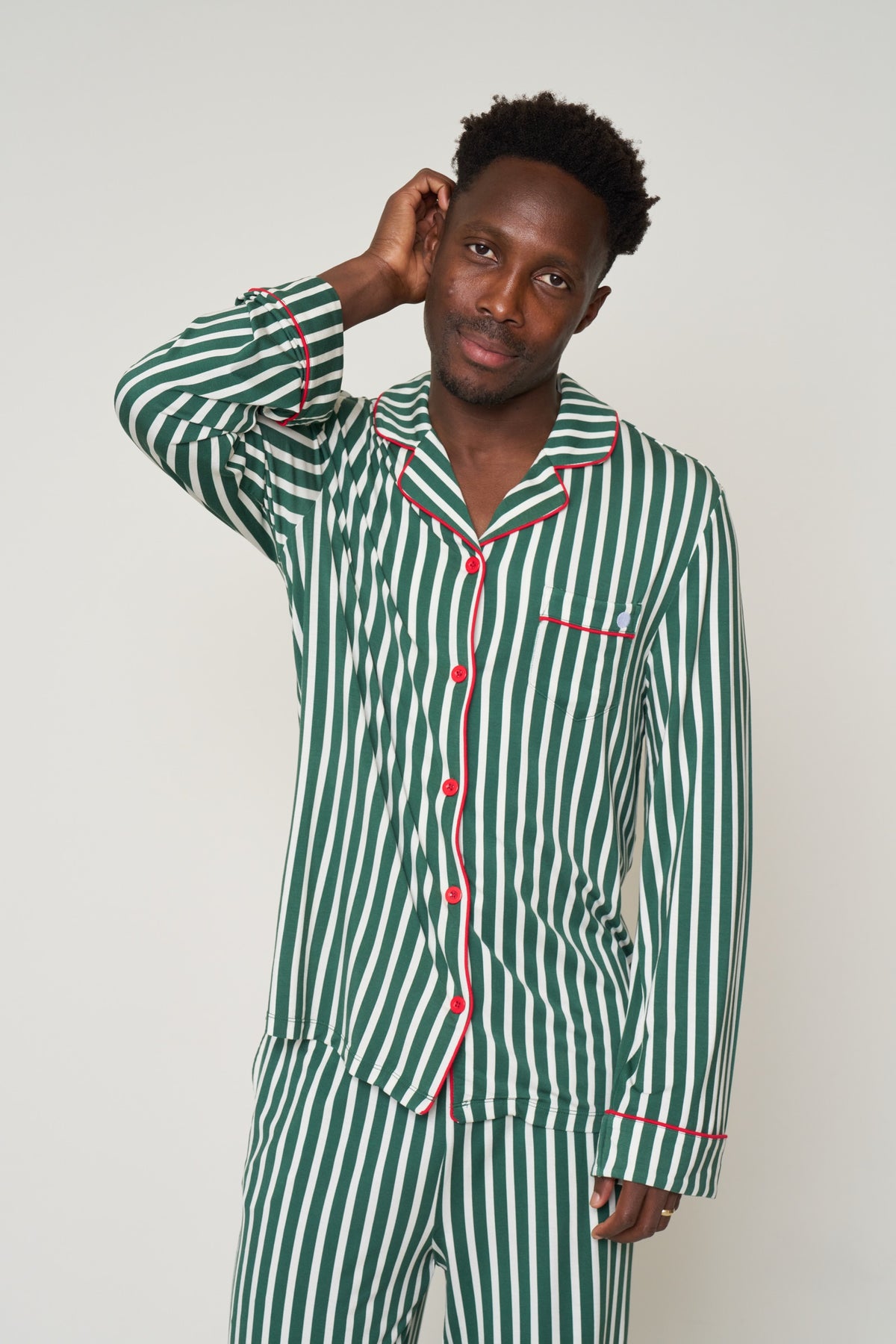 Men's Button-Up Set Christmas - Winter Green Striped TENCEL Modal