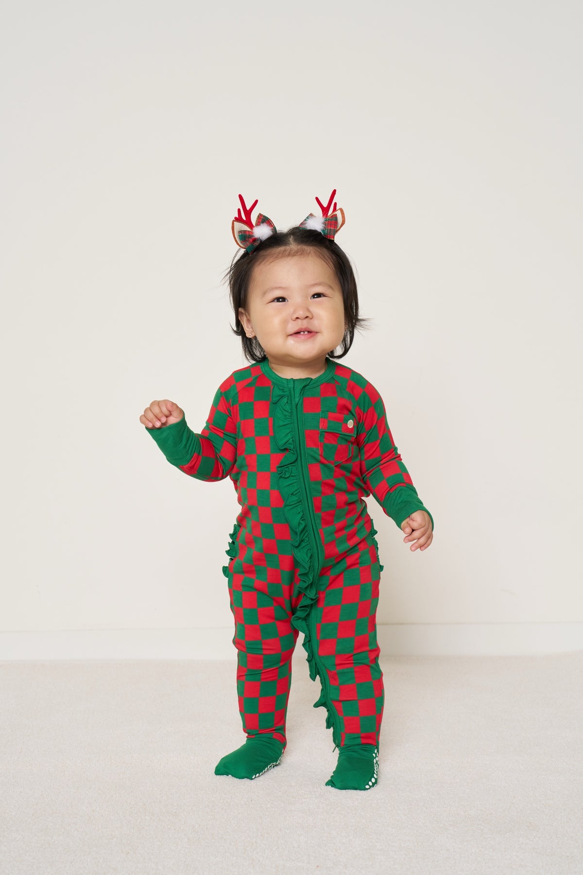 Zipper Romper with Ruffles Christmas - Merry Checkmate TENCEL™ Modal